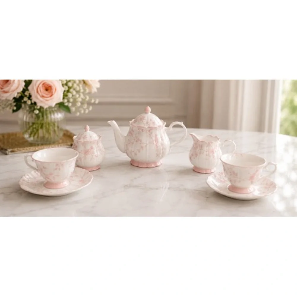 Pink Floral Porcelain Tea Set Teapot Sugar Creamer Cups Saucers 7 Piece Set